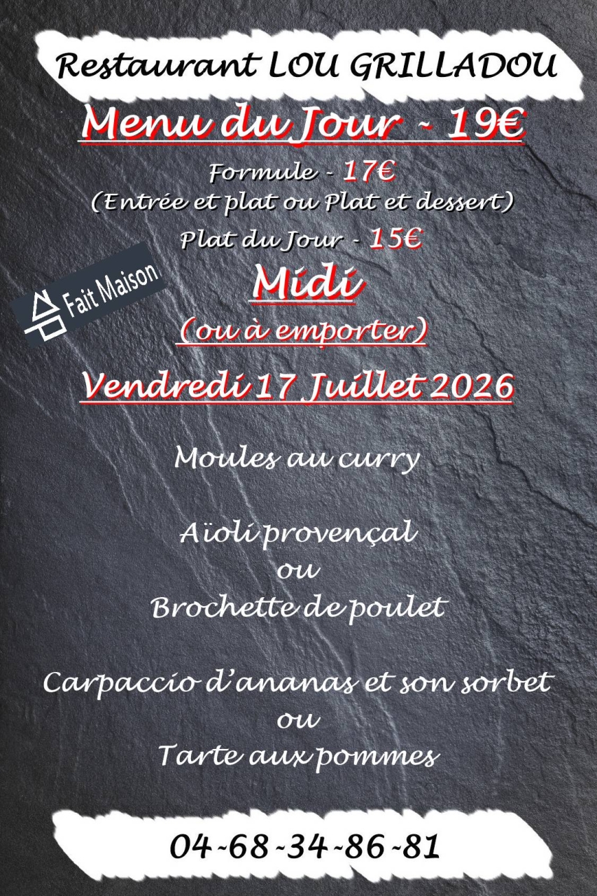 Menu du jour - Lou Grilladou - Restaurant Perpignan - top restaurant PERPIGNAN
