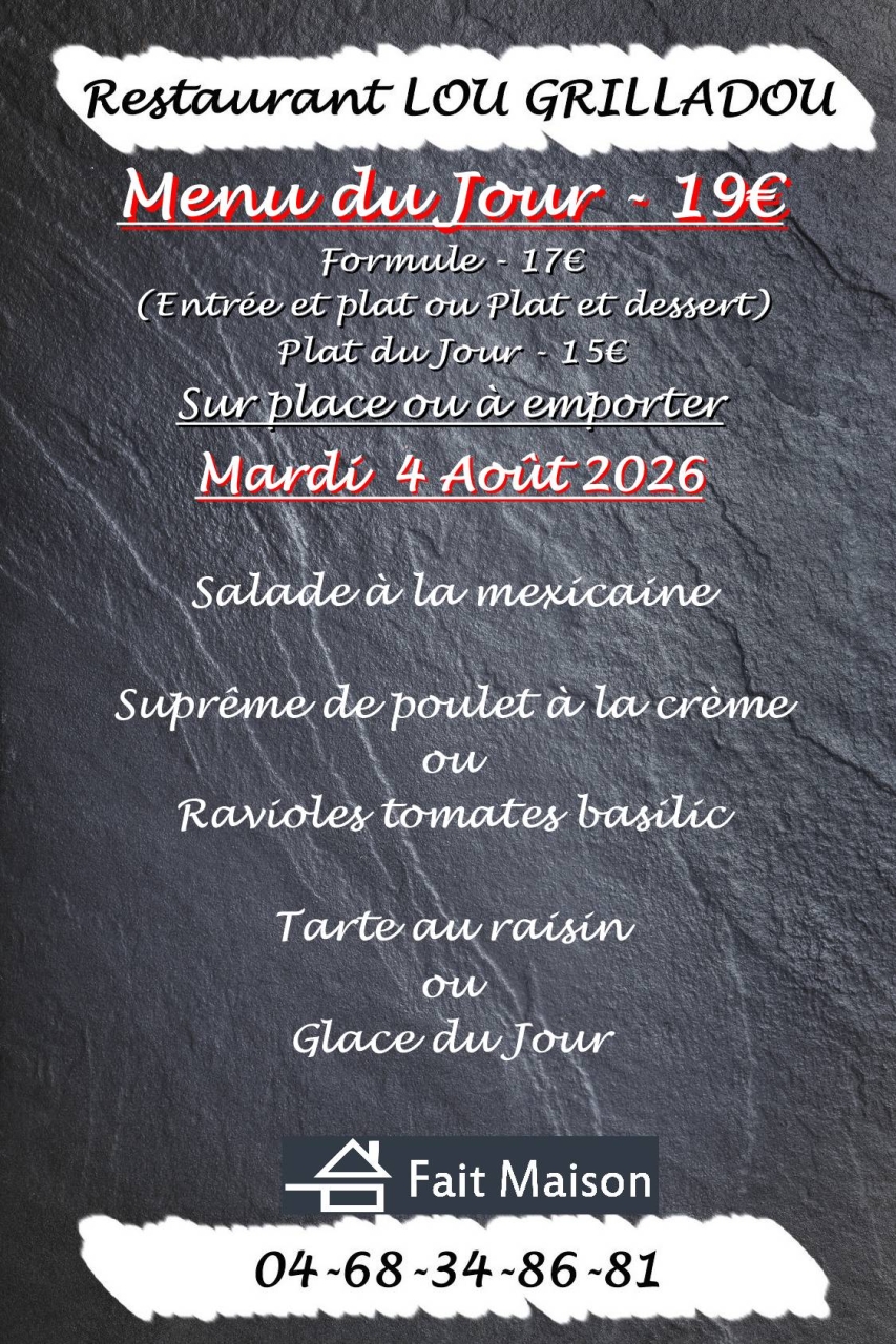 Menu du jour - Lou Grilladou - Restaurant Perpignan - Sortir Perpignan