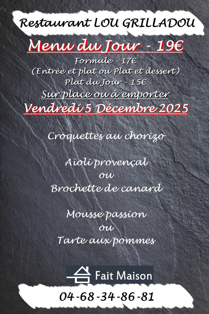 Menu du jour - Lou Grilladou - Restaurant Perpignan - les meilleurs restaurant de PERPIGNAN